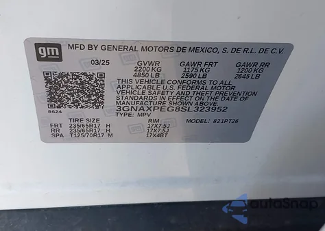 2025 Chevrolet Equinox Awd Lt from USA, damaged, VIN 3GNAXPEG8SL323952